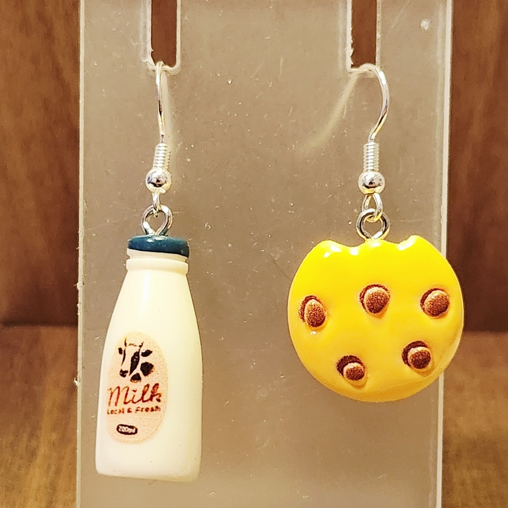 Milk and Cookies Mismatched Drop Earrings Miniature Food Novelty‎ Jewelry